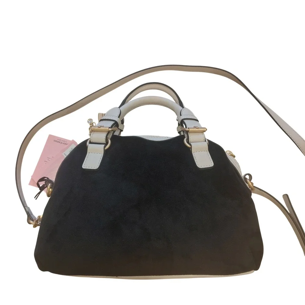 Juicy Couture Black Velour Satchel Bag White‎ Trim Gold Crown Logo Crossbody NEW